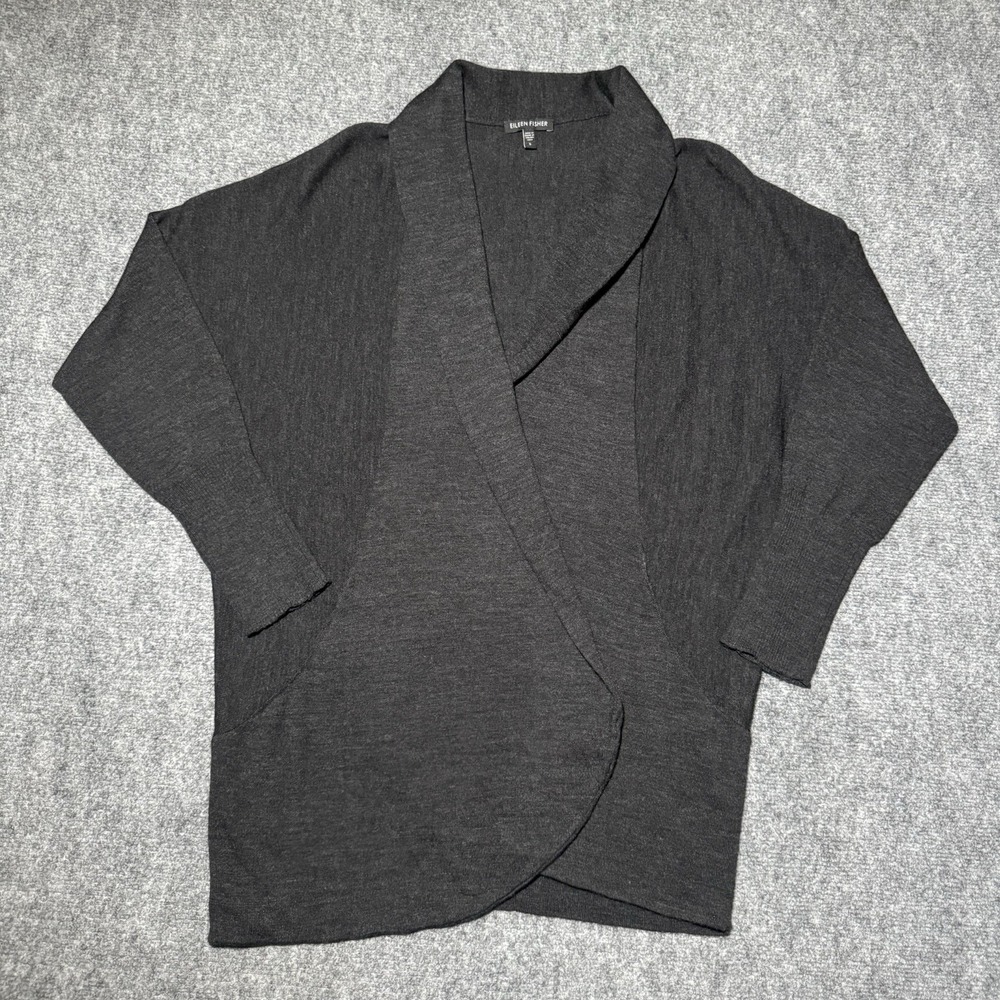 Eileen Fisher Dark Charcoal Grey Sweater Draped Open 100% Merino Wool Cardigan S